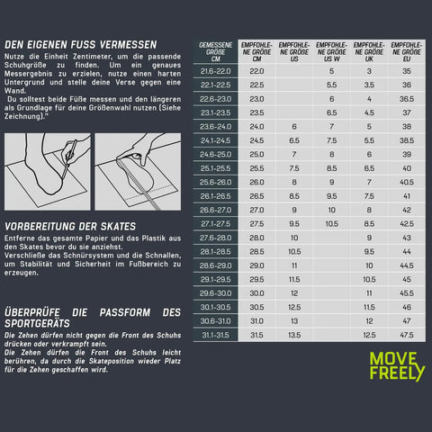 German size chart for Macroblade 80 Inline Skates with illustrations and sizing details in centimeters and international sizing.