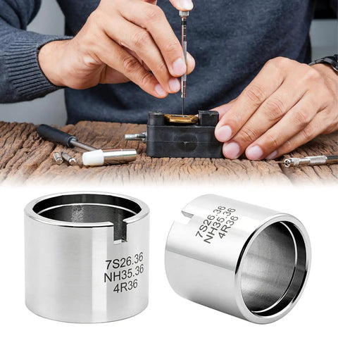 Person using Stainless Steel Watch Movement Holder With Fixed Jaw Non Adjustable Base, showing close-up of cylindrical holder.