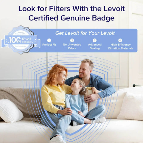Family on couch with Levoit Certified Genuine Badge promoting Air Purifier For Home Large Room With HEPA Filter Sleep Mode AHAM Verifide