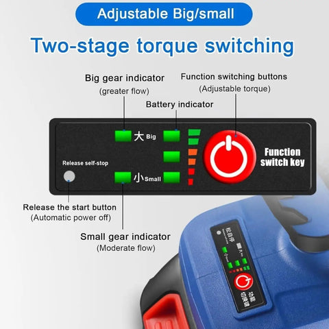NytfHms Cordless Electric Drum Pump For Diesel Fuel Transfer With 4M Hose display showing adjustable torque settings and battery indicators.