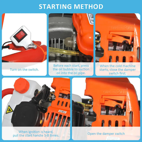 Instructional guide showing starting method for Gas Powered Post Hole Digger Workhorse with engine parts and switches.