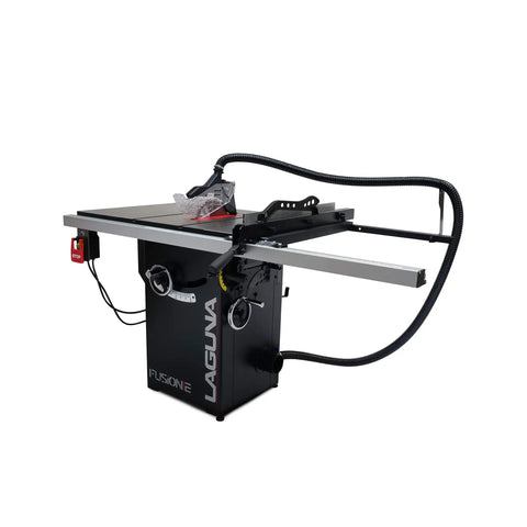 Workhorse Cabinet Tablesaw Boasting A Beefy 7.5Hp Motor Integrated Dust Collection Gear and Factory Fresh Blade, side view showing dust collection.