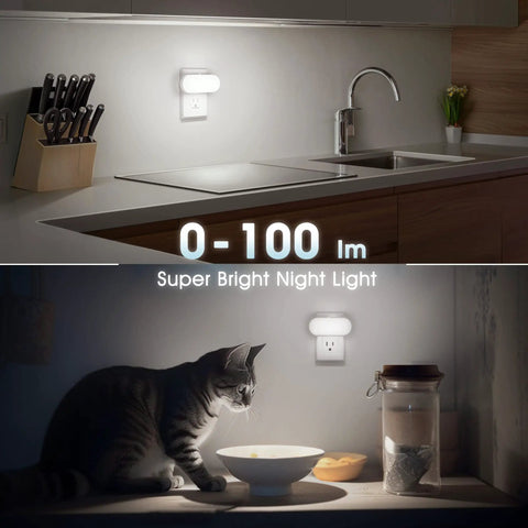 Led Night Light Easy Plug In Wall 2 Pack With Dusk To Dawn Sensor Dimmable 0 To 100 Lumens 5000K in kitchen and near cat