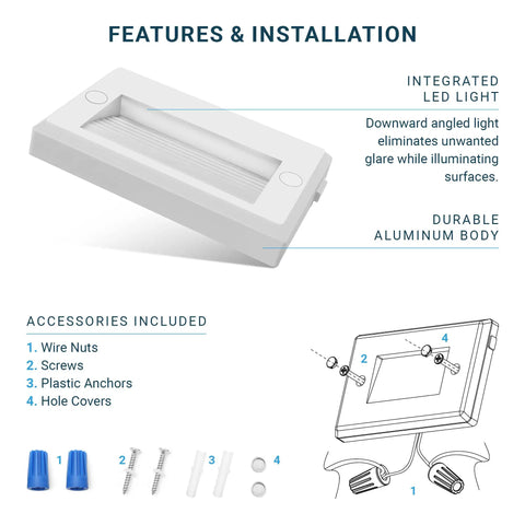 Features of 12V Dimmable LED Step Lights For Indoors And Outdoors, 3 Color Temperature Options 3000K, 4000K, 5000K, Low Voltage Aluminum Stair Deck Lighting, IP65 Weatherproof, ETL Listed, 3W, White Finish, 12-Pack with accessories included.