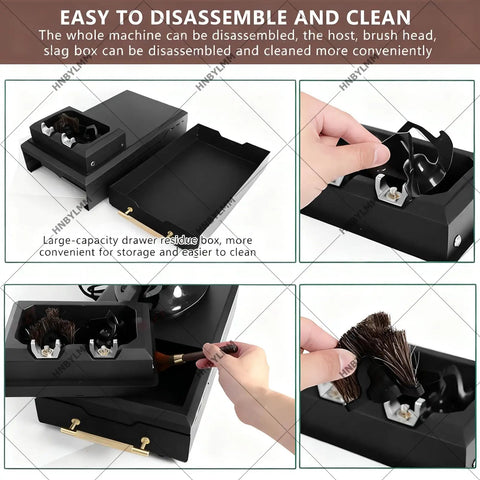No Sweat Electric Portafilter Cleaning Machine And Espresso Knock Box, features large removable drawer and brush holder for easy cleanup.