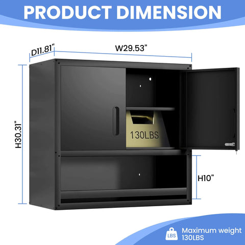 Premium Heavy Duty Wall Mounted Metal Storage Cabinet Lockable Garage Tool Organizer Hanging Workshop Box dimensions 11.81x29.53x30.31 inches