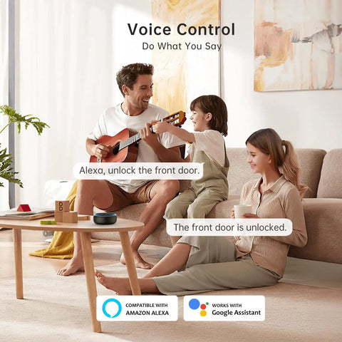 Slick Keyless Smart Deadbolt With Lightning Fast Fingerprint Reader And Digital Keypad For Heavy Duty Home Security Plus Remote App Access That Delivers Pure Convenience And Absolute Zero Sweat Daily in a family setting with voice control features.