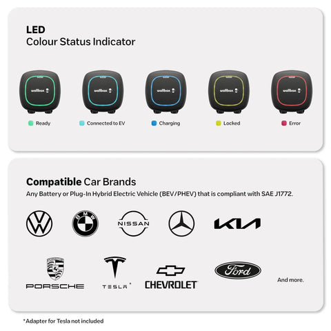 LED color status indicators and compatible car brands for Pulsar Plus Level 2 EV Charger 40 Amp 240V Home Wall Mount Fast Charging.