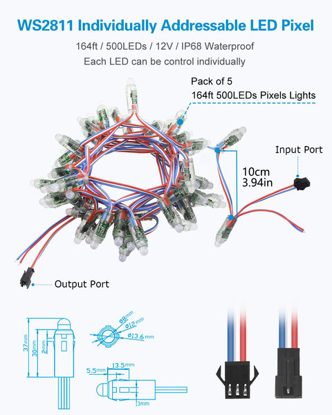 Product diagram featuring WS2811 Individually Addressable RGB LED Pixel String with 500 WS2811 Bullets, 12mm Round Diffused, layout details.