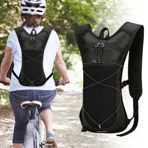 Hydration Backpack for Hiking and Trail Adventures Lightweight Water Pack with Reflective Strips showcased on bicycle rider