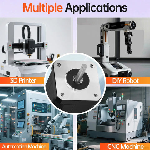 Nema 17 stepper motors set used in 3D printers, DIY robots, CNC machines, and automation projects for precise applications.