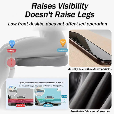Diagram showcasing Premium Black Car Booster Seat Cushion For Mini John Cooper Works Electric 2025 And 2026 with anti-slip features and breathable fabric.