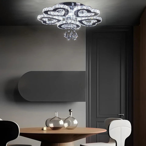 5 Heart Ring Crystal Chandelier LED Ceiling Light Fixture Stainless Steel Pendant Lighting for bedroom with cool white brightness.