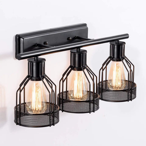 Industrial Vanity Light Plug In Three Light Retro Cage Wall Sconce With Metal Shade Corded Vintage Indoor Lighting For Dressing Table Mirror And Cabinet Perfect For Rustic Urban Home Decor, black metal detail
