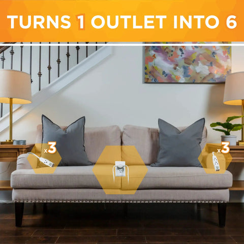 Living room sofa with Flat Plug Sofa Power Cord With Six Outlets Total, Two Six Foot Cords, and white cable shown.