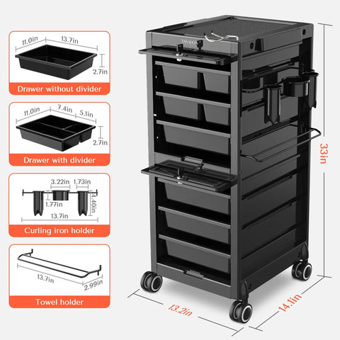 Lockable Salon Trolley With Six Drawer Rolling Beauty Cart And Tool Holders, Boss Grade Mobile Hair Stylist Station, Black