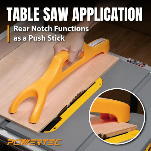Dual Notch Safety Push Stick With Loop Handle Grip for Table Saw, demonstrating rear notch use with non-slip grip.