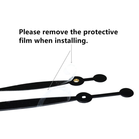 Close-up of spade hands with protective film for Quartz Wall Clock Movement Replacement Kit Battery Powered With High Torque Drive Long Shaft For Thick Dial Thickness Up To 0.3125 Inches Includes 10.2 Inch Spade Hands DIY Clock Repair Parts Plug And Play Install