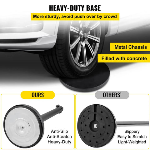Stanchion Set With 6.6 Ft Black Retractable Belt For Crowd Control, showing heavy-duty concrete-filled metal base under car tire.