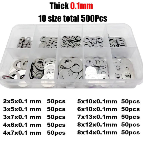 Ultra Thin Flat Washers Must Have Kit For M2 To M8 304 Stainless Steel Shim Gasket Assortment 500 750 1200 Pcs Corrosion Resistant Space Saving Spacers Set E, 0.1mm assorted washers in storage box