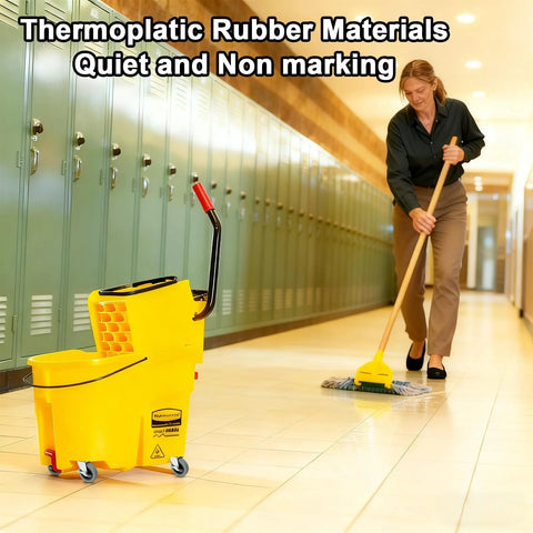 Yellow mop bucket with wringer and wheels, janitor mopping hallway floor