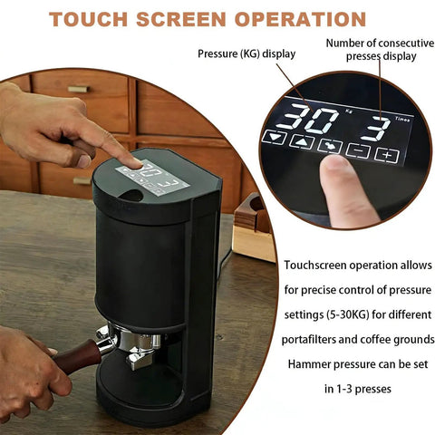 Legit Top Tier Electric Coffee Tamper 58mm Adjustable Pressure Automatic Espresso Press Tool With Nonstick Base touchscreen operation display.