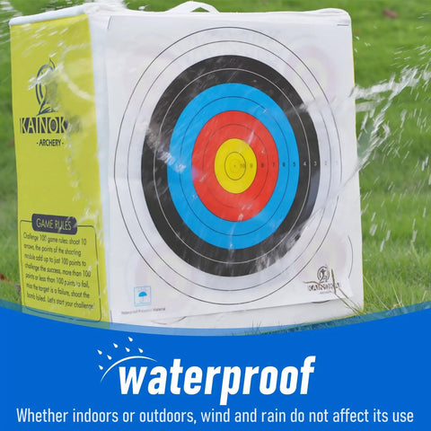 Heavy Duty Archery Target Paper For Compound Bow Practice Waterproof Non Woven Pro Grade Competition Standard Target Sheets Range Ready In 40 Cm 60 Cm 80 Cm Sizes Includes 10 Rings Per Target And A 10 Pack For Outdoor Range with water droplets showcasing waterproof feature.