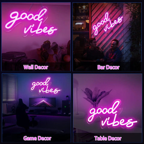 Good Vibes Pink Neon Sign with Dimmable USB Power displayed in bedroom, bar, game room, and on a table for retro 70s vibe.