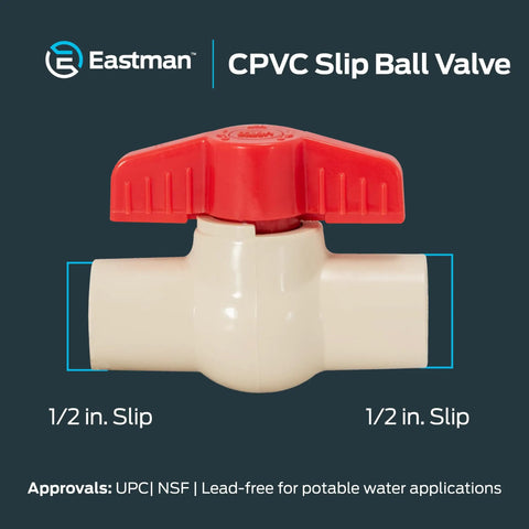 One Half Inch CPVC Slip Ball Valve White Heavy Duty Quick Release Water Shutoff Switch No Sweat Design For Cramped Corners and Smooth DIY Plumbing Tasks.