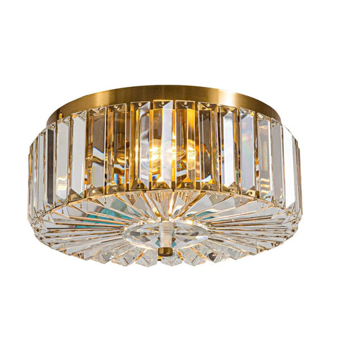 Four Light Crystal Drum Ceiling Light Fixture With Gold Brass Finish, Flush Mount Round Metal Shade, Dimmable And E12 Bulb Compatible