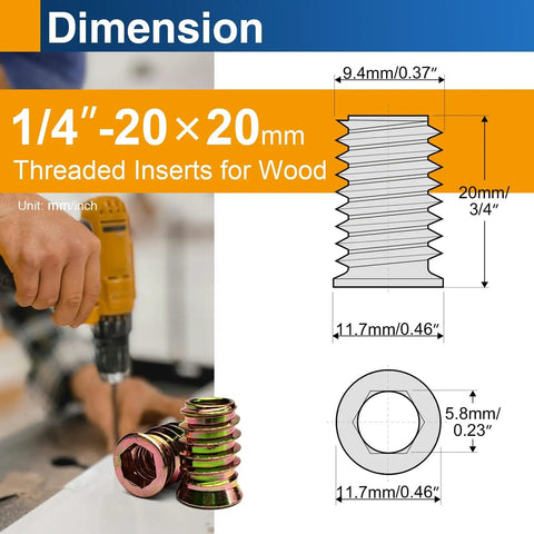 Heavy Duty Wood Threaded Inserts With Hex Drive Nuts For Quick DIY Furniture Repair Easy Install Quarter Inch By Twenty Threads Per Inch 20mm Length Zinc Plated Carbon Steel 28 Pack, shown with size dimensions and installation example.