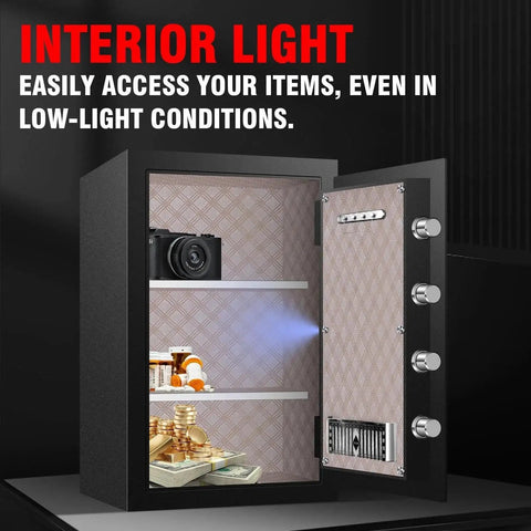 Heavy Duty 10 Cu Ft Home Safe Box with digital keypad, key lock, LCD, removable shelf, sensor light, open showing interior items.