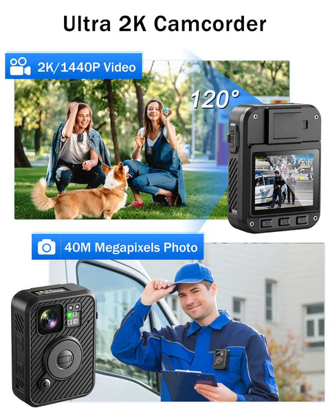 F2 128GB Dual Screen Body Camera With GPS 2K Video And 40MP Photos for security, showing camera in use by delivery professional