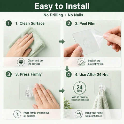 Clear Adhesive Hooks Zero Drama Strong Grip for Shower Wall Organizers No Damage Pegs Bathroom Storage 12 Pieces installation steps