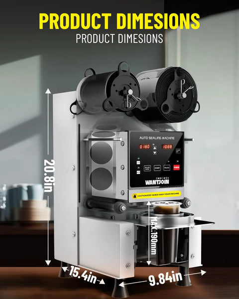 Top Tier Automatic Cup Sealer Machine For Busy Cafes Rapidly Seals Six Hundred Cups Per Hour With Smart Display dimensions showing height, width, and depth.