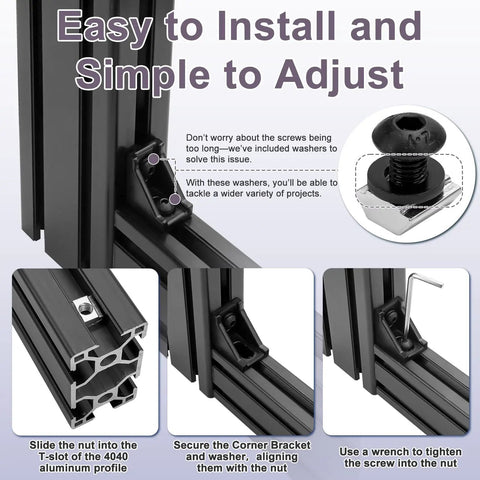 4040 Aluminum Extrusion Corner Connector Kit with 20 black 3540 brackets, M8 T-slot nuts, bolts, washers, Allen wrench shown.