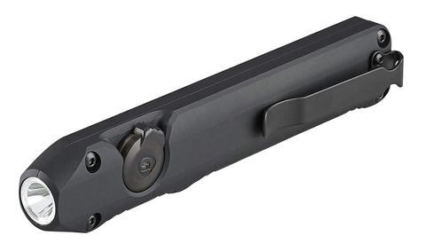 Black Wedge EDC Flashlight 1000 Lumen THRO Burst 300 Lumen Constant On, flat slim design with deep carry pocket clip, side view.