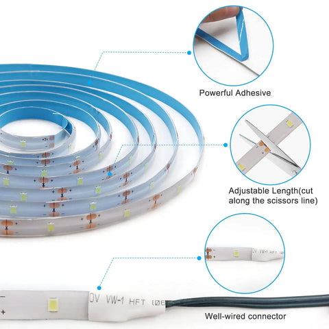 Image showing Battery Powered LED Strip Lights 9.8Ft Multicolor With Remote Dimmable Timer, highlighting adhesive and cutting features.