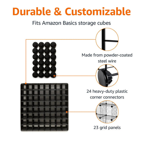 Close-up of Six Cube Wire Grid Shelf With Stackable Metal Storage Rack and Modular Black Steel Organizer highlighting panels and connectors.