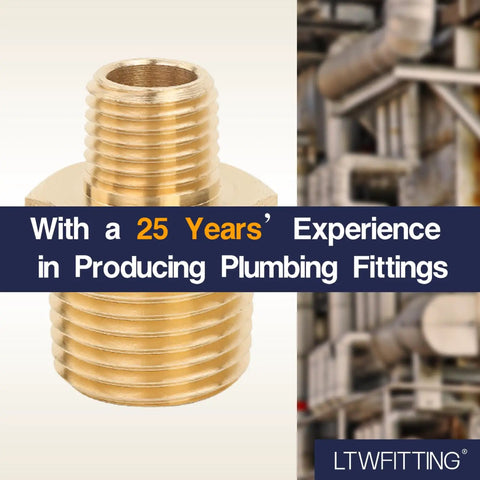 Brass Pipe Hex Reducing Nipple Fitting 1/2 Inch to 1/4 Inch Male NPT for Plumbing and HVAC, promoting 25 years' experience