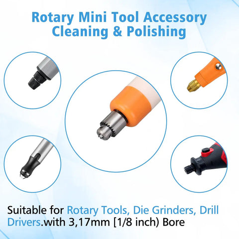 Rotary mini tool accessory kit with various heads for cleaning and polishing, includes 1/8 inch shank for rotary tools.