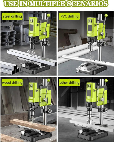 6 Speed Bench Drill Press With 13mm Stainless Steel Chuck For Wood And Metal Drilling, showcasing various drilling scenarios.