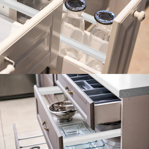 Premium Nine Inch Plastic Drawer Slides, Four Pack Side Mounted Guide Rails With Screws, for kitchen cabinet storage.