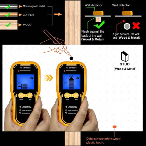 AUNMAS ABS Construction Handheld Stud Finder Wall Scanner with LCD Display, showing detection of wood and metal with sensors.