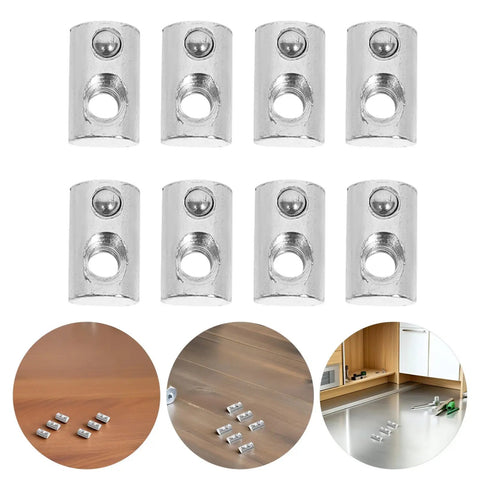 50 Pcs Premium M5 Cross Dowel Nuts Silver Carbon Steel Barrel Nut Connector Hardware displayed on wood and metal surfaces.