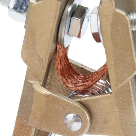 Close-up of Powerhouse 600A Ground Clamp With Heavy Duty Brass Jaw showing copper wire connection for welding use.