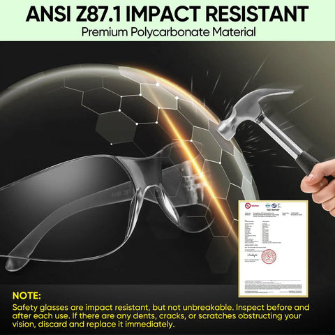Heavy Duty 3 Pack Clear Safety Glasses With Scratch Resistant Polycarbonate Lens showing ANSI Z87 impact resistance test with hammer