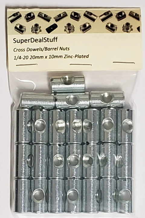 25 Pack Go-To Cross Dowels And Barrel Nuts 1/4-20 Threads, 20mm Length, 10mm Diameter Zinc-Plated CNC Steel Bulk Kit