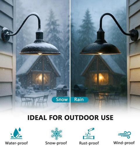 12.6 Inch Outdoor Gooseneck Barn Light With Dusk To Dawn Sensor for farmhouse porch garage and patio under snow and rain conditions