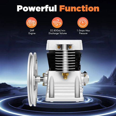 Heavy Duty 2HP Air Compressor Pump Head, Twin Cylinder Aluminum Piston For 1500W Unit, front view with engine details.